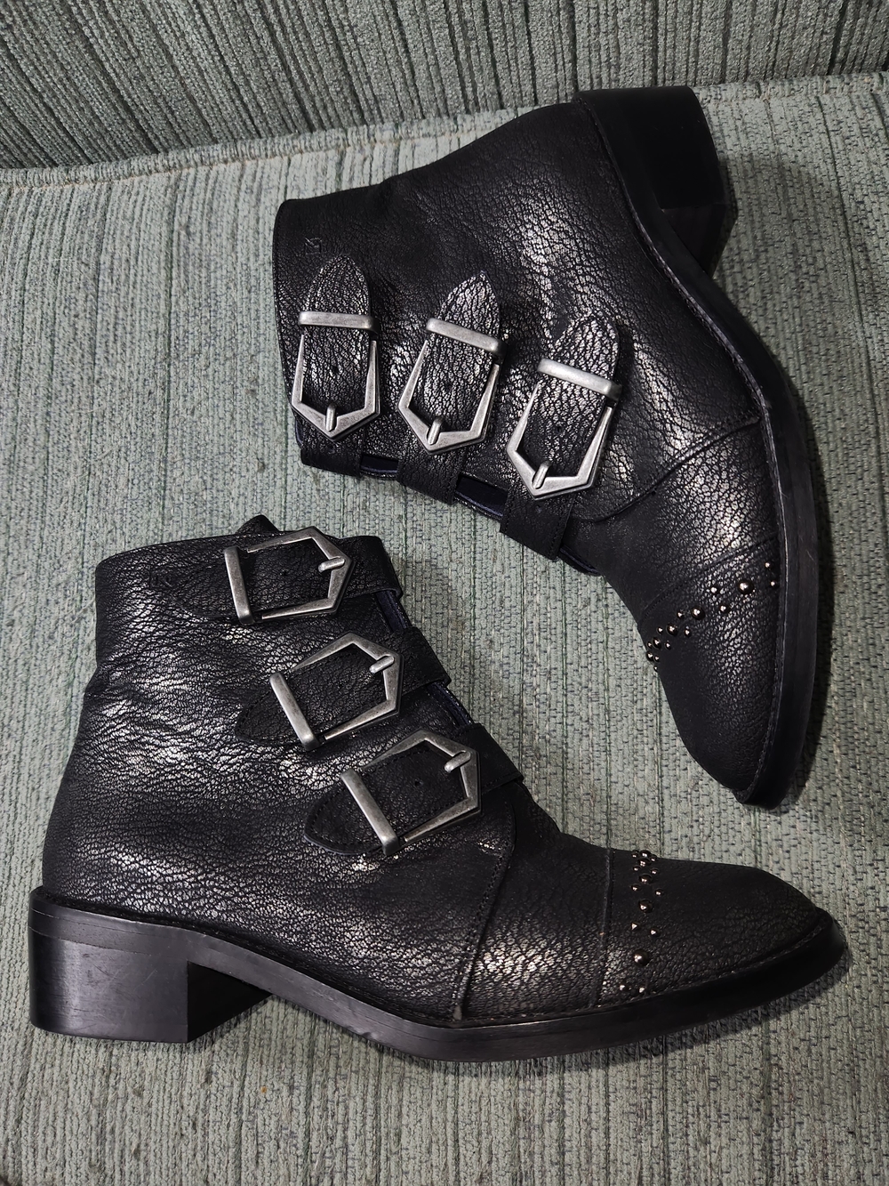 🍉Dorking Black Leather Triple-Buckle Ankle Booties with Stud Accents